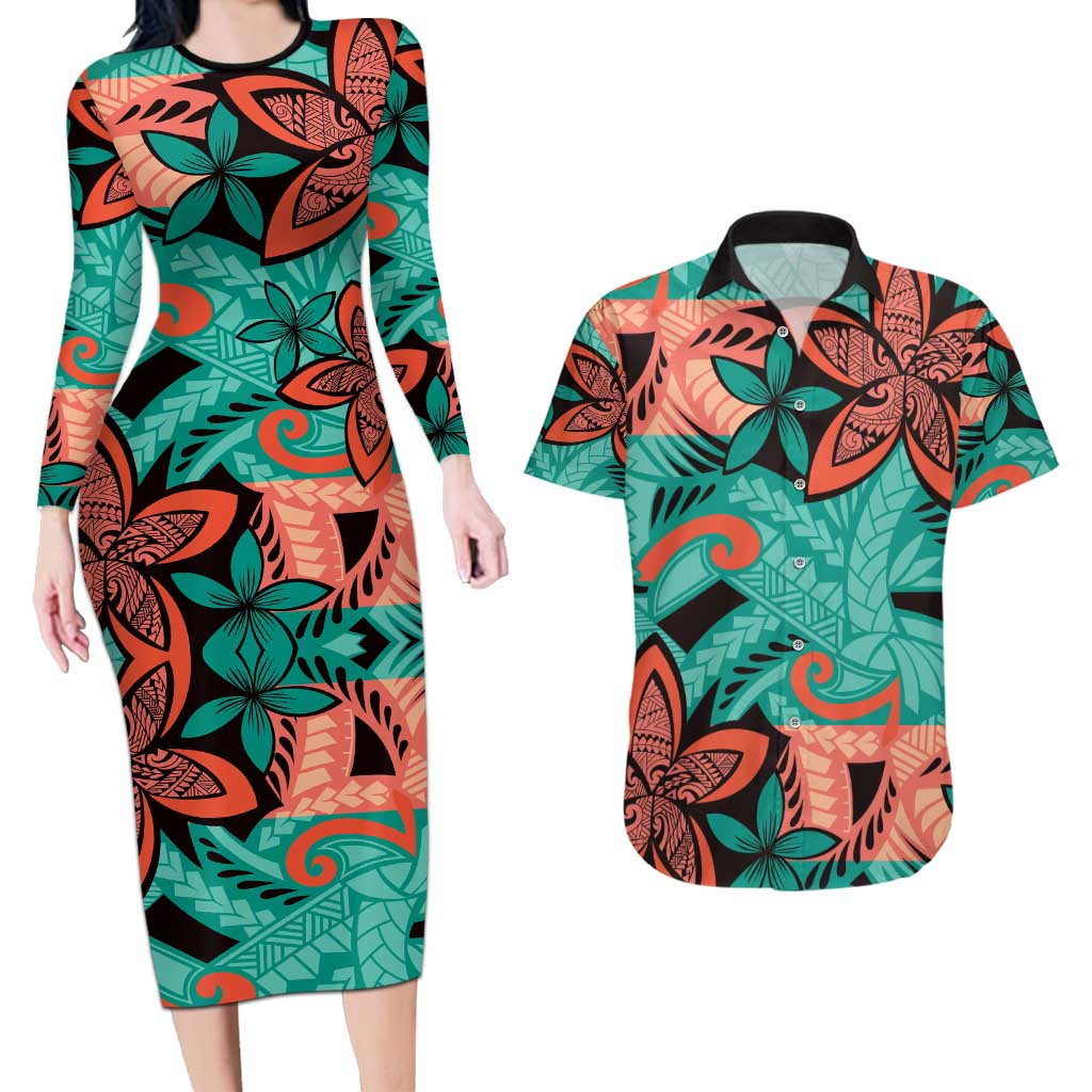 Plumeria Polynesian Pattern Couples Matching Long Sleeve Bodycon Dress and Hawaiian Shirt Unique Fantasy Teal Orange
