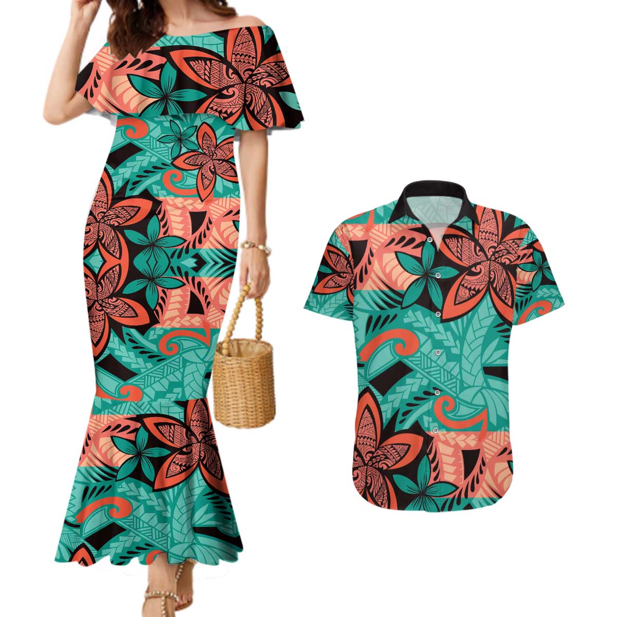 Plumeria Polynesian Pattern Couples Matching Mermaid Dress and Hawaiian Shirt Unique Fantasy Teal Orange