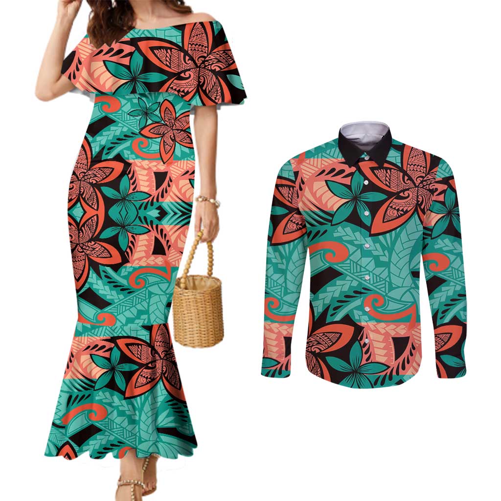 Plumeria Polynesian Pattern Couples Matching Mermaid Dress and Long Sleeve Button Shirt Unique Fantasy Teal Orange