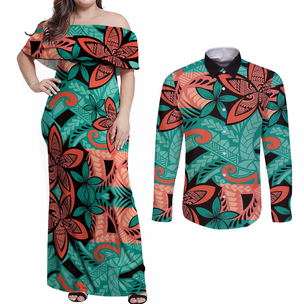 Plumeria Polynesian Pattern Couples Matching Off Shoulder Maxi Dress and Long Sleeve Button Shirt Unique Fantasy Teal Orange