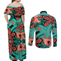 Plumeria Polynesian Pattern Couples Matching Off Shoulder Maxi Dress and Long Sleeve Button Shirt Unique Fantasy Teal Orange