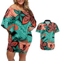 Plumeria Polynesian Pattern Couples Matching Off Shoulder Short Dress and Hawaiian Shirt Unique Fantasy Teal Orange