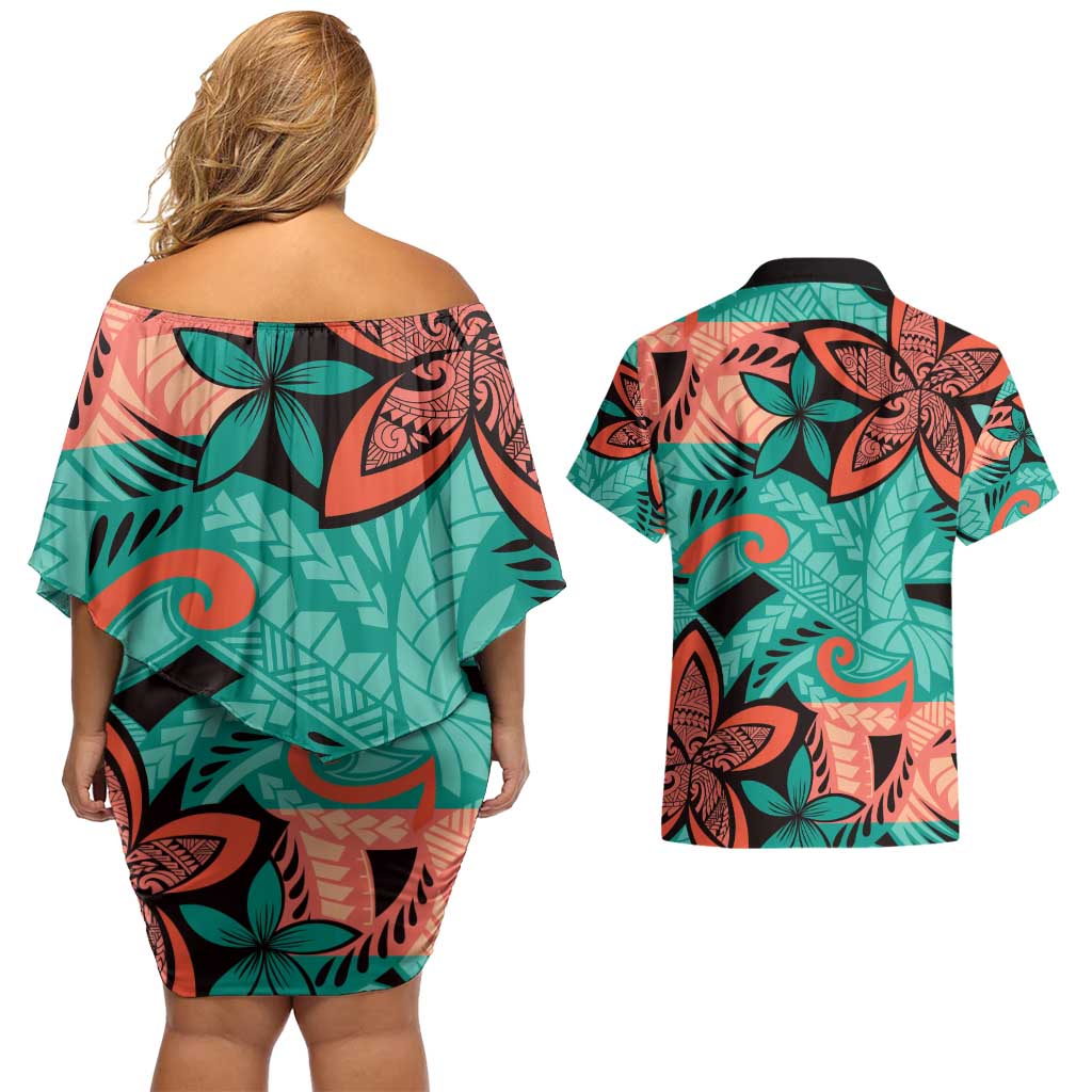 Plumeria Polynesian Pattern Couples Matching Off Shoulder Short Dress and Hawaiian Shirt Unique Fantasy Teal Orange