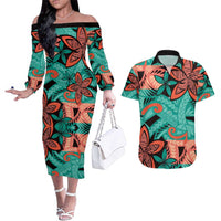 Plumeria Polynesian Pattern Couples Matching Off The Shoulder Long Sleeve Dress and Hawaiian Shirt Unique Fantasy Teal Orange