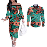 Plumeria Polynesian Pattern Couples Matching Off The Shoulder Long Sleeve Dress and Long Sleeve Button Shirt Unique Fantasy Teal Orange