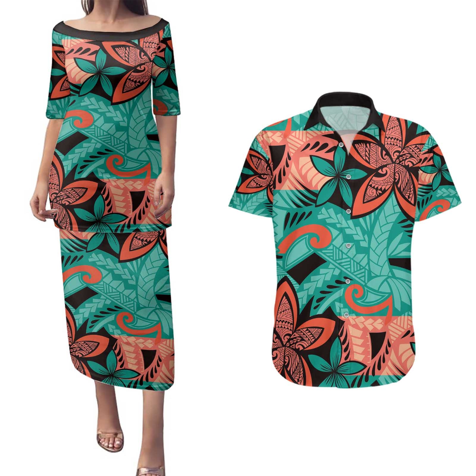 Plumeria Polynesian Pattern Couples Matching Puletasi and Hawaiian Shirt Unique Fantasy Teal Orange