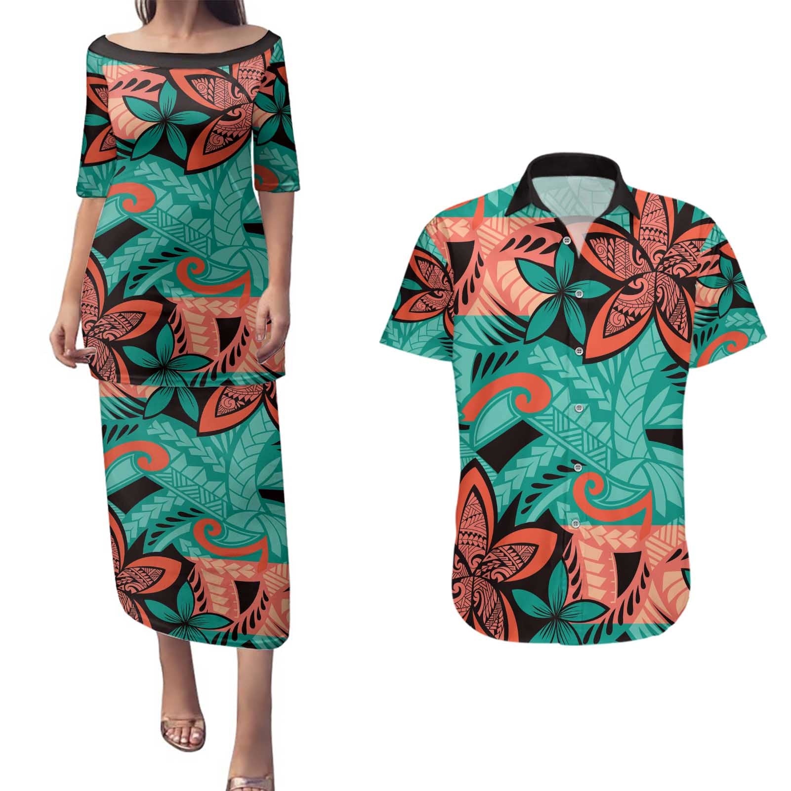 Plumeria Polynesian Pattern Couples Matching Puletasi and Hawaiian Shirt Unique Fantasy Teal Orange