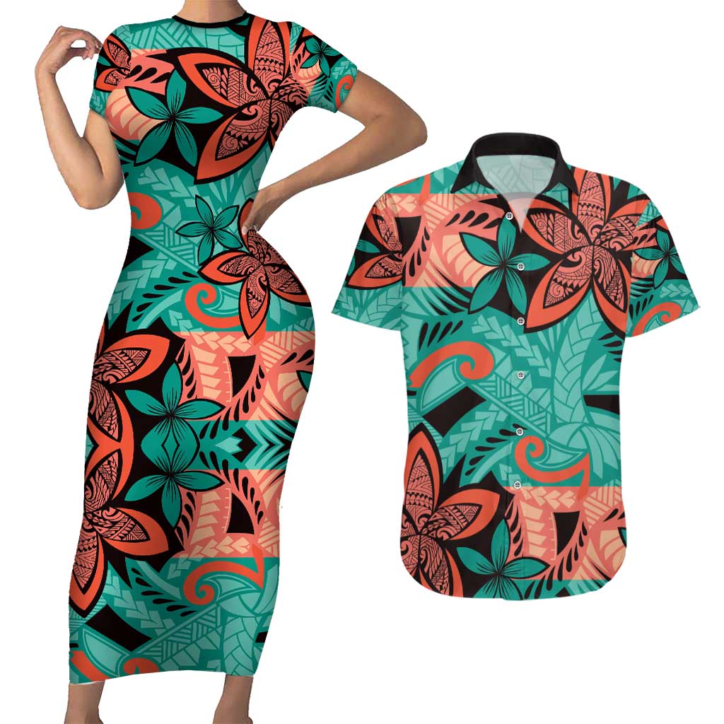 Plumeria Polynesian Pattern Couples Matching Short Sleeve Bodycon Dress and Hawaiian Shirt Unique Fantasy Teal Orange