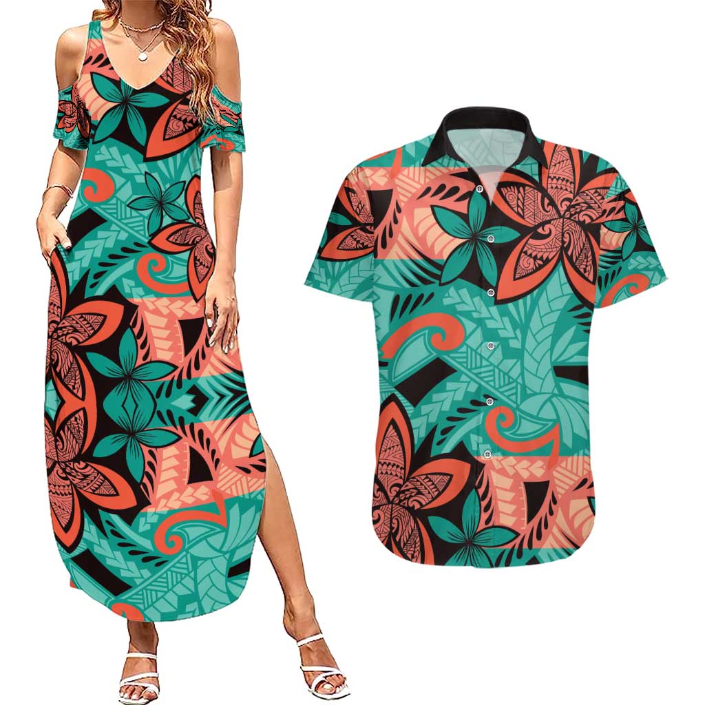 Plumeria Polynesian Pattern Couples Matching Summer Maxi Dress and Hawaiian Shirt Unique Fantasy Teal Orange
