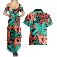 Plumeria Polynesian Pattern Couples Matching Summer Maxi Dress and Hawaiian Shirt Unique Fantasy Teal Orange