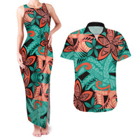 Plumeria Polynesian Pattern Couples Matching Tank Maxi Dress and Hawaiian Shirt Unique Fantasy Teal Orange