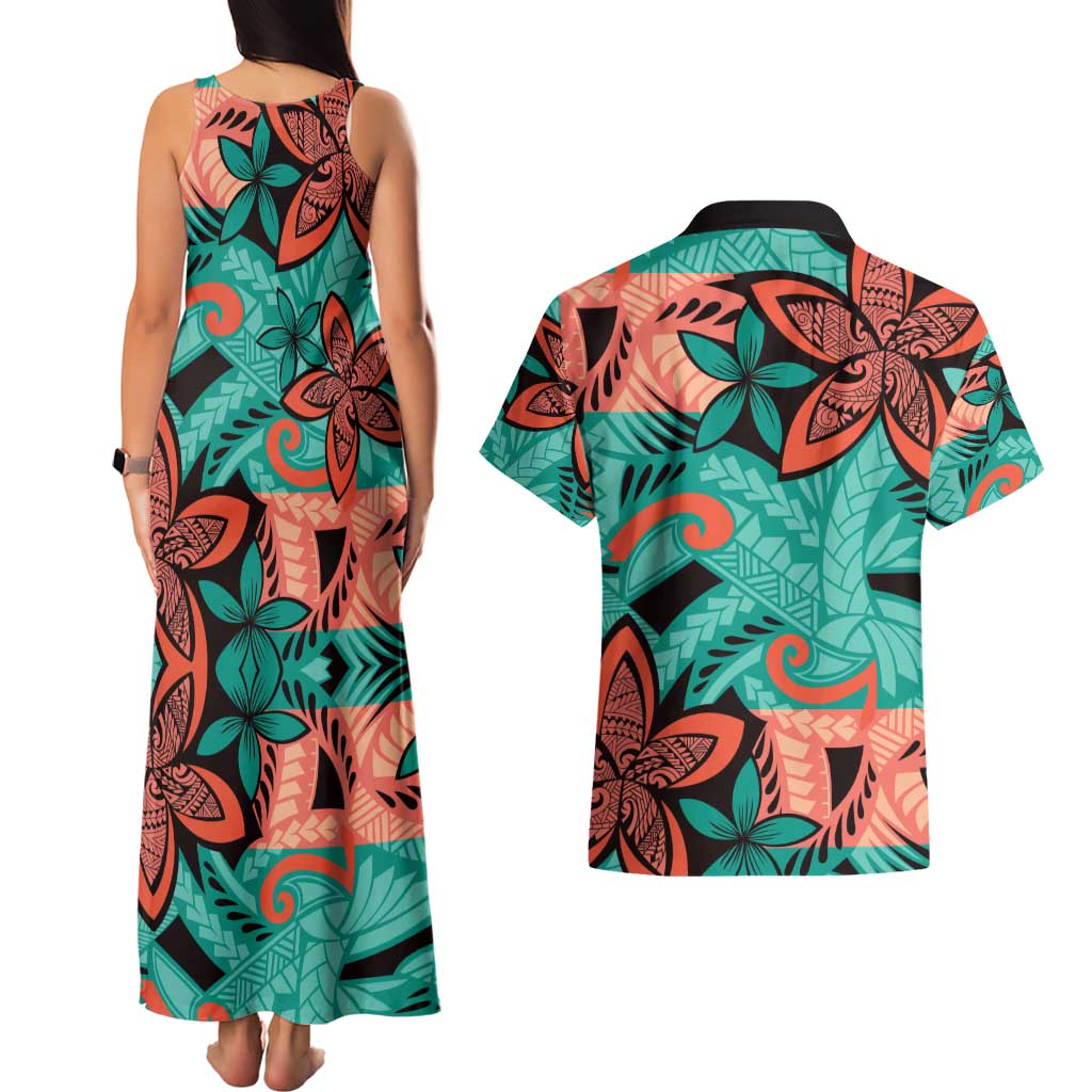 Plumeria Polynesian Pattern Couples Matching Tank Maxi Dress and Hawaiian Shirt Unique Fantasy Teal Orange