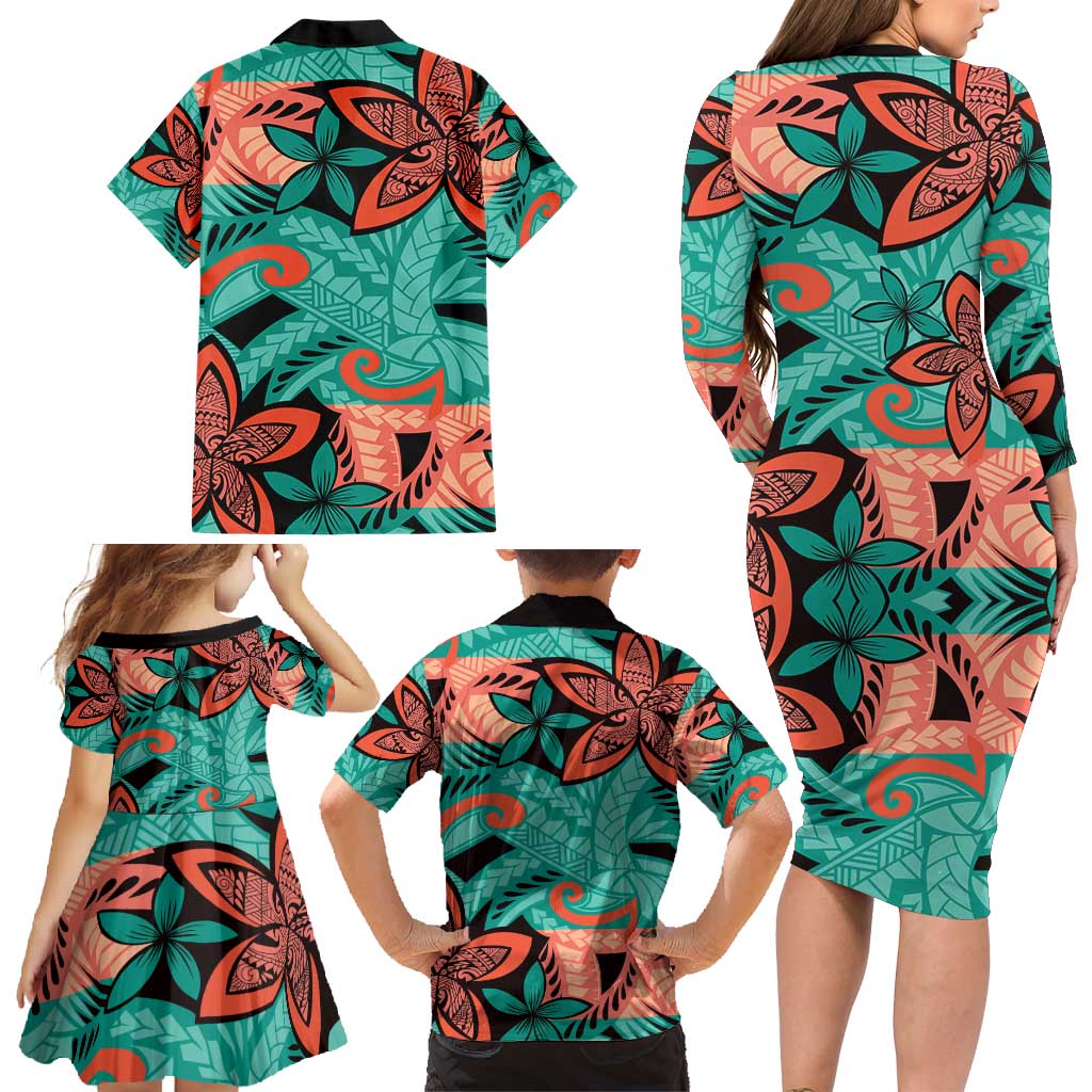 Plumeria Polynesian Pattern Family Matching Long Sleeve Bodycon Dress and Hawaiian Shirt Unique Fantasy Teal Orange