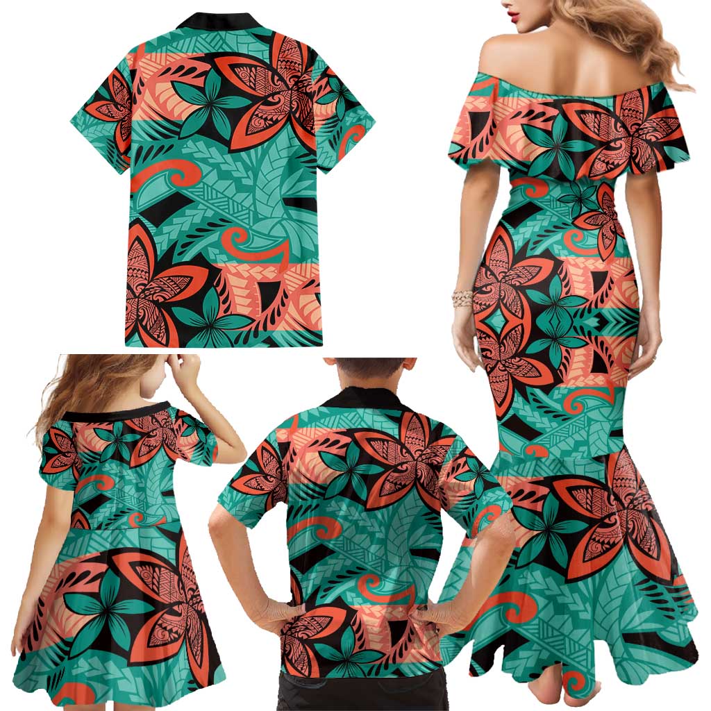 Plumeria Polynesian Pattern Family Matching Mermaid Dress and Hawaiian Shirt Unique Fantasy Teal Orange