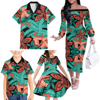 Plumeria Polynesian Pattern Family Matching Off The Shoulder Long Sleeve Dress and Hawaiian Shirt Unique Fantasy Teal Orange