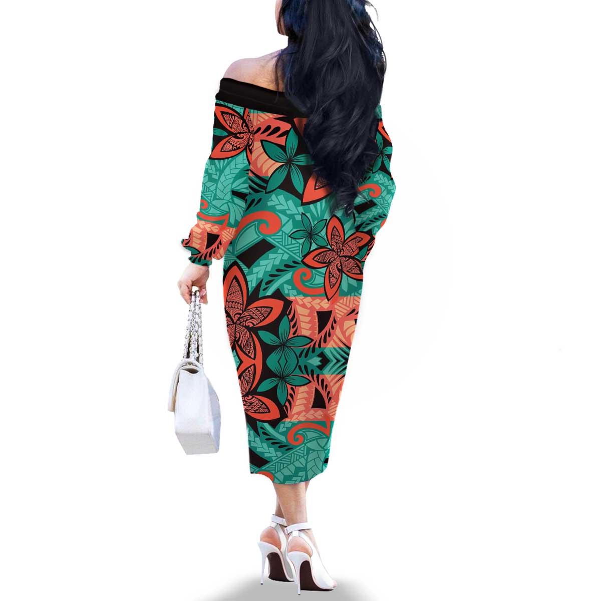 Plumeria Polynesian Pattern Family Matching Off The Shoulder Long Sleeve Dress and Hawaiian Shirt Unique Fantasy Teal Orange