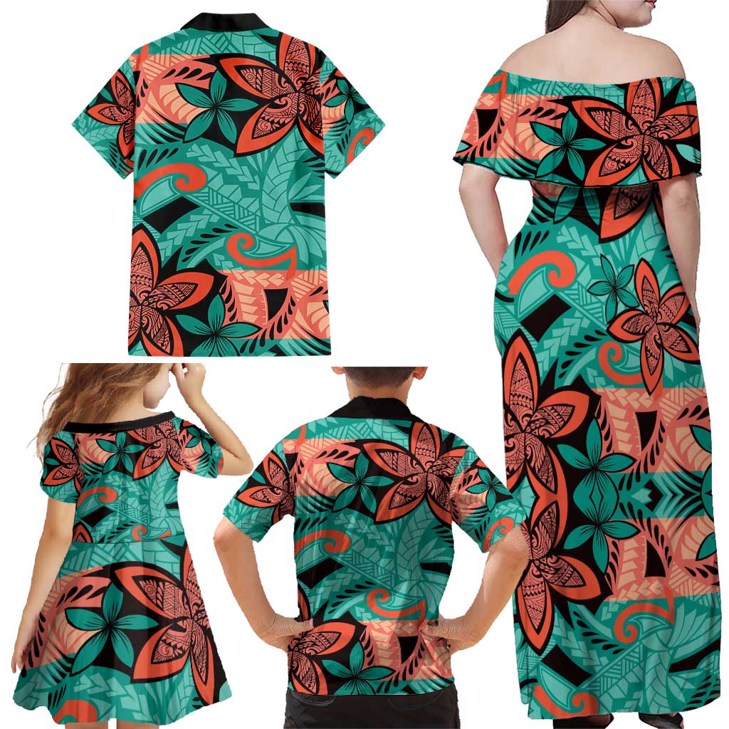 Plumeria Polynesian Pattern Family Matching Off Shoulder Maxi Dress and Hawaiian Shirt Unique Fantasy Teal Orange