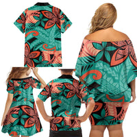 Plumeria Polynesian Pattern Family Matching Off Shoulder Short Dress and Hawaiian Shirt Unique Fantasy Teal Orange