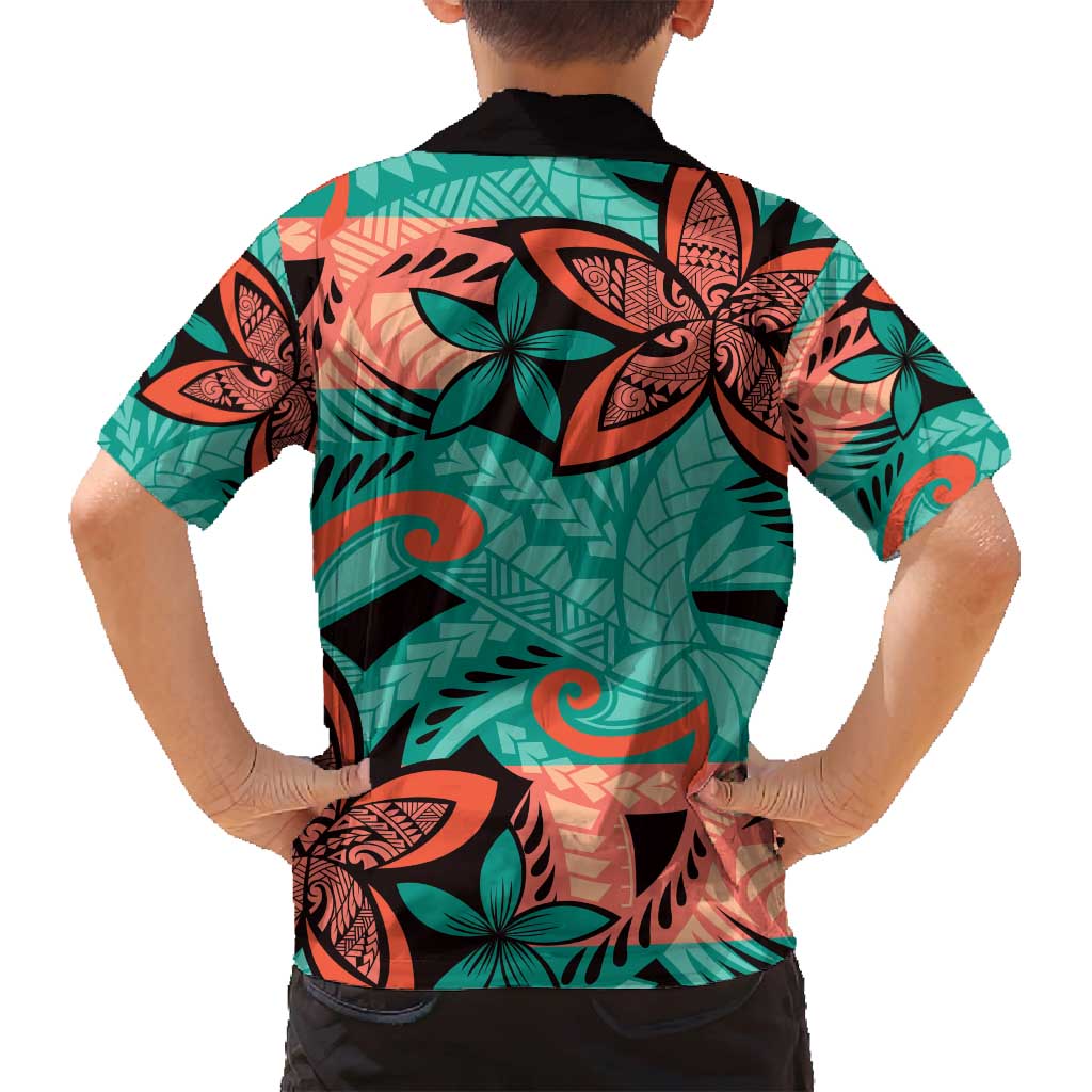 Plumeria Polynesian Pattern Family Matching Puletasi and Hawaiian Shirt Unique Fantasy Teal Orange