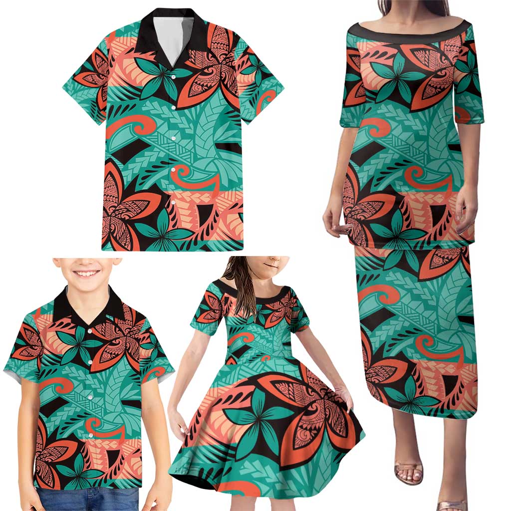 Plumeria Polynesian Pattern Family Matching Puletasi and Hawaiian Shirt Unique Fantasy Teal Orange