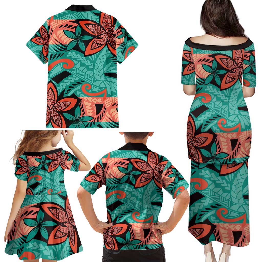 Plumeria Polynesian Pattern Family Matching Puletasi and Hawaiian Shirt Unique Fantasy Teal Orange