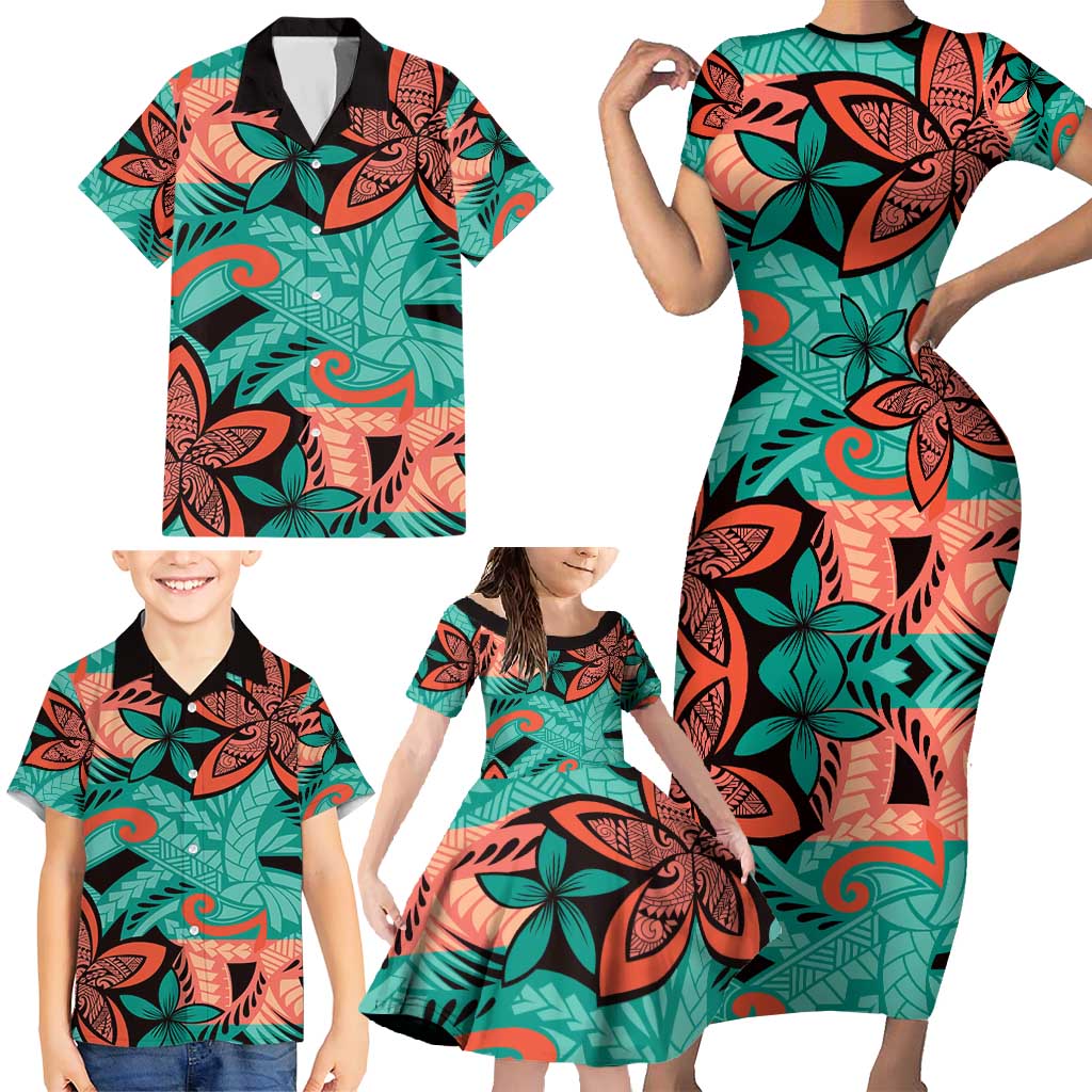Plumeria Polynesian Pattern Family Matching Short Sleeve Bodycon Dress and Hawaiian Shirt Unique Fantasy Teal Orange