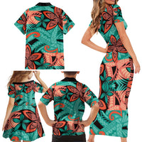 Plumeria Polynesian Pattern Family Matching Short Sleeve Bodycon Dress and Hawaiian Shirt Unique Fantasy Teal Orange