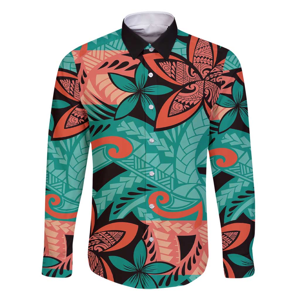 Plumeria Polynesian Pattern Family Matching Short Sleeve Bodycon Dress and Hawaiian Shirt Unique Fantasy Teal Orange