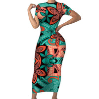 Plumeria Polynesian Pattern Family Matching Short Sleeve Bodycon Dress and Hawaiian Shirt Unique Fantasy Teal Orange