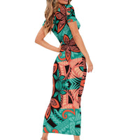 Plumeria Polynesian Pattern Family Matching Short Sleeve Bodycon Dress and Hawaiian Shirt Unique Fantasy Teal Orange