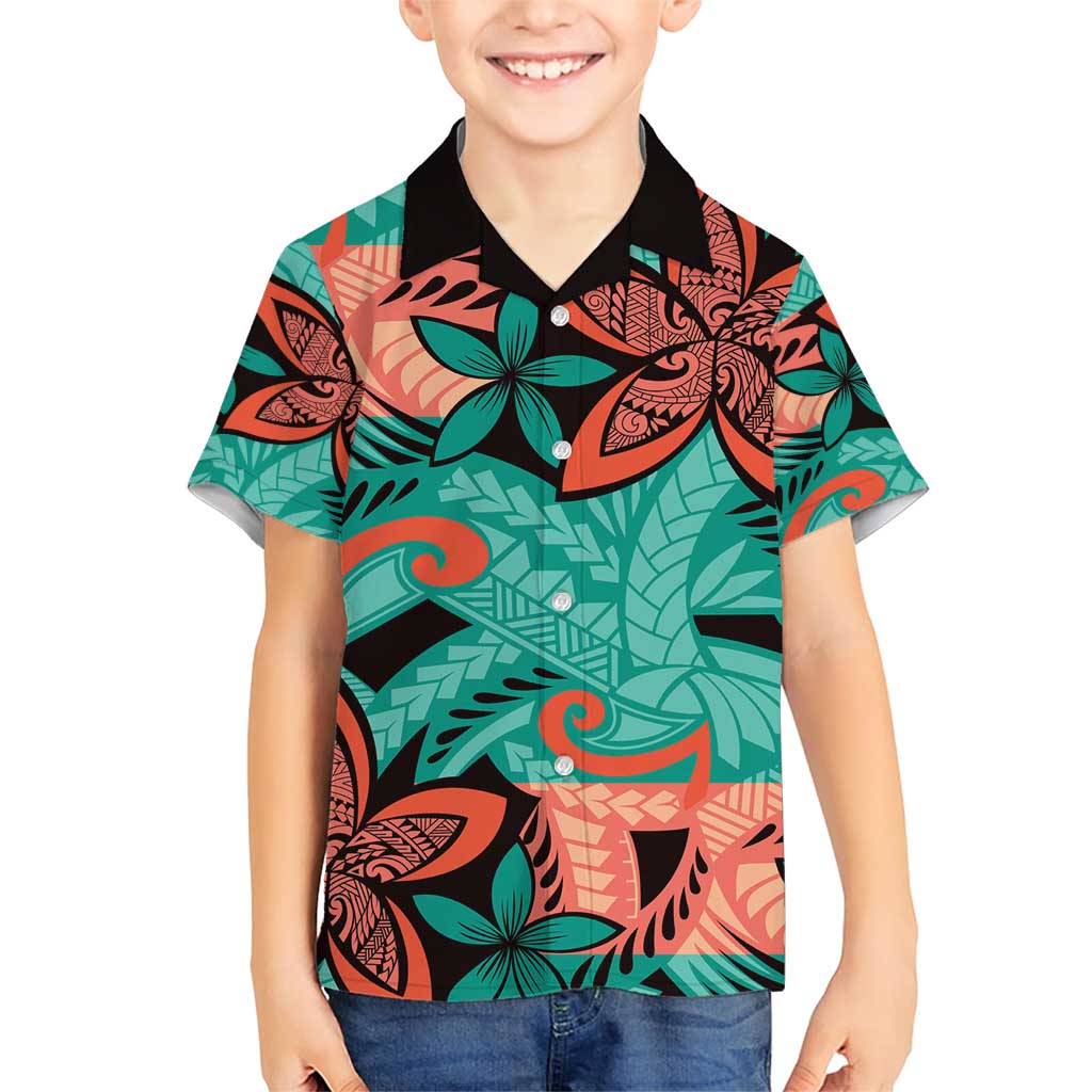 Plumeria Polynesian Pattern Family Matching Short Sleeve Bodycon Dress and Hawaiian Shirt Unique Fantasy Teal Orange