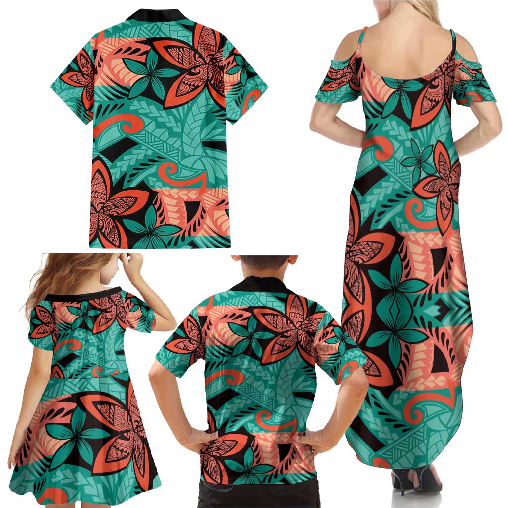 Plumeria Polynesian Pattern Family Matching Summer Maxi Dress and Hawaiian Shirt Unique Fantasy Teal Orange