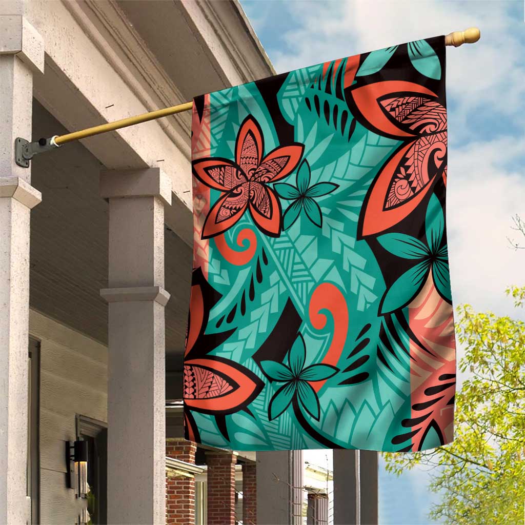 Plumeria Polynesian Pattern Garden Flag Unique Fantasy Teal Orange