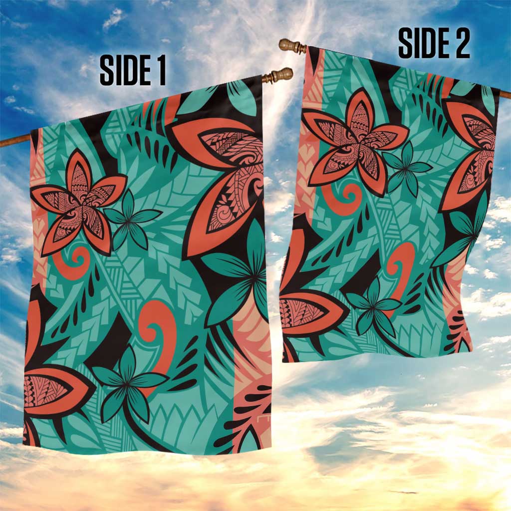 Plumeria Polynesian Pattern Garden Flag Unique Fantasy Teal Orange