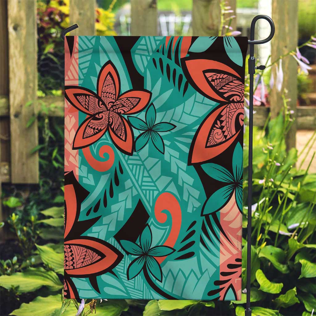 Plumeria Polynesian Pattern Garden Flag Unique Fantasy Teal Orange