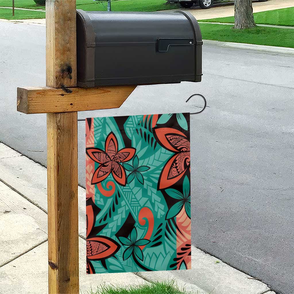 Plumeria Polynesian Pattern Garden Flag Unique Fantasy Teal Orange