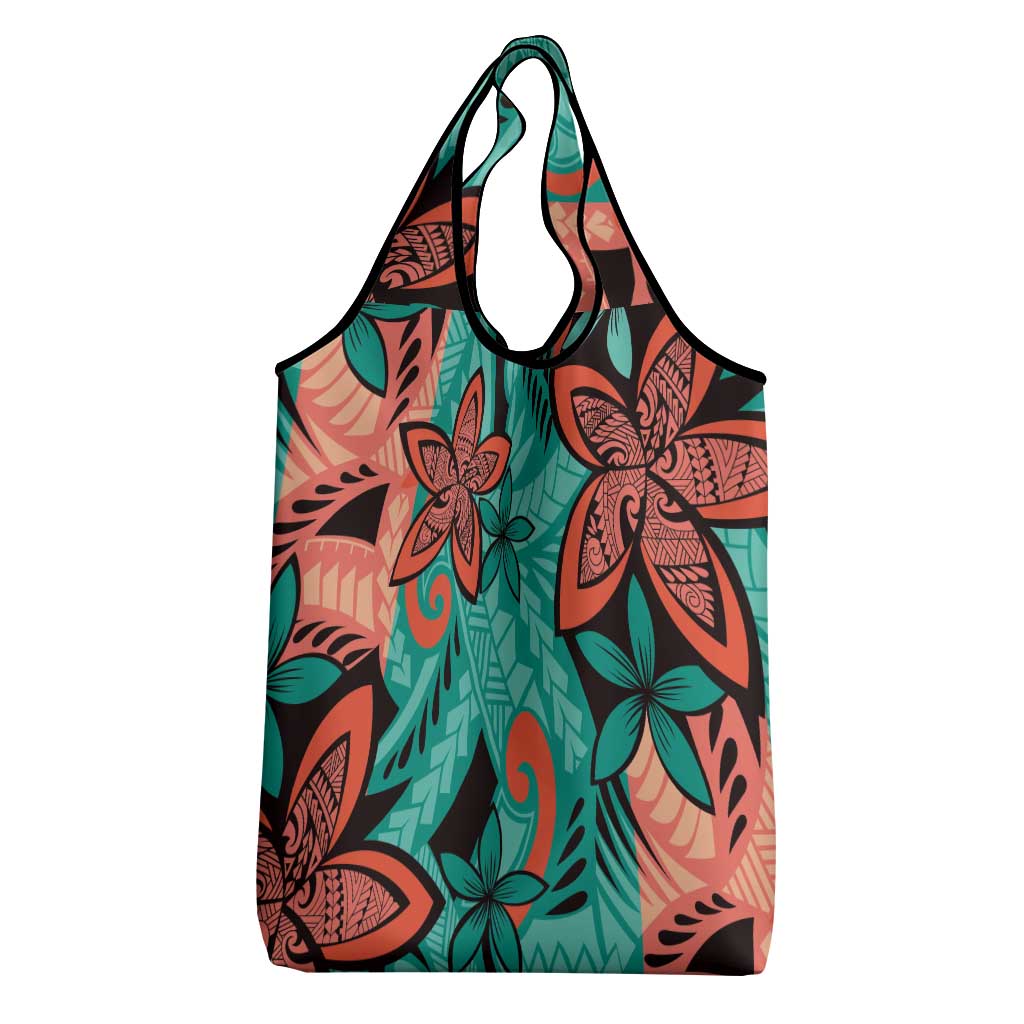 Plumeria Polynesian Pattern Grocery Bag Unique Fantasy Teal Orange LT01 - Polynesian Pride