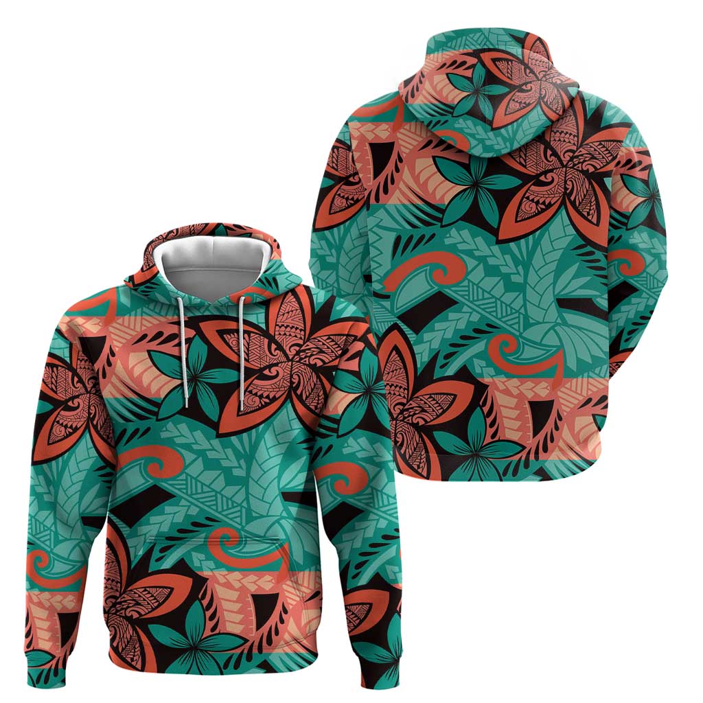 Plumeria Polynesian Pattern Hoodie Unique Fantasy Teal Orange