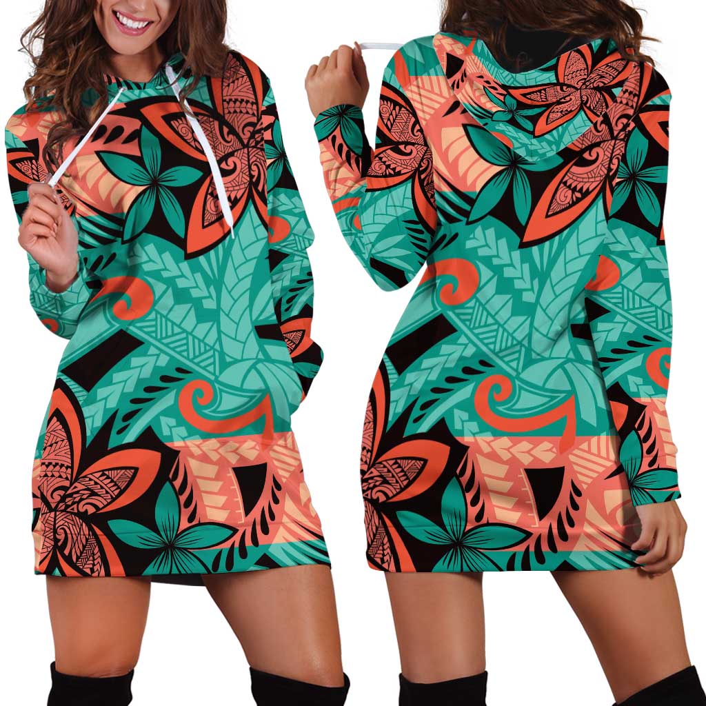 Plumeria Polynesian Pattern Hoodie Dress Unique Fantasy Teal Orange