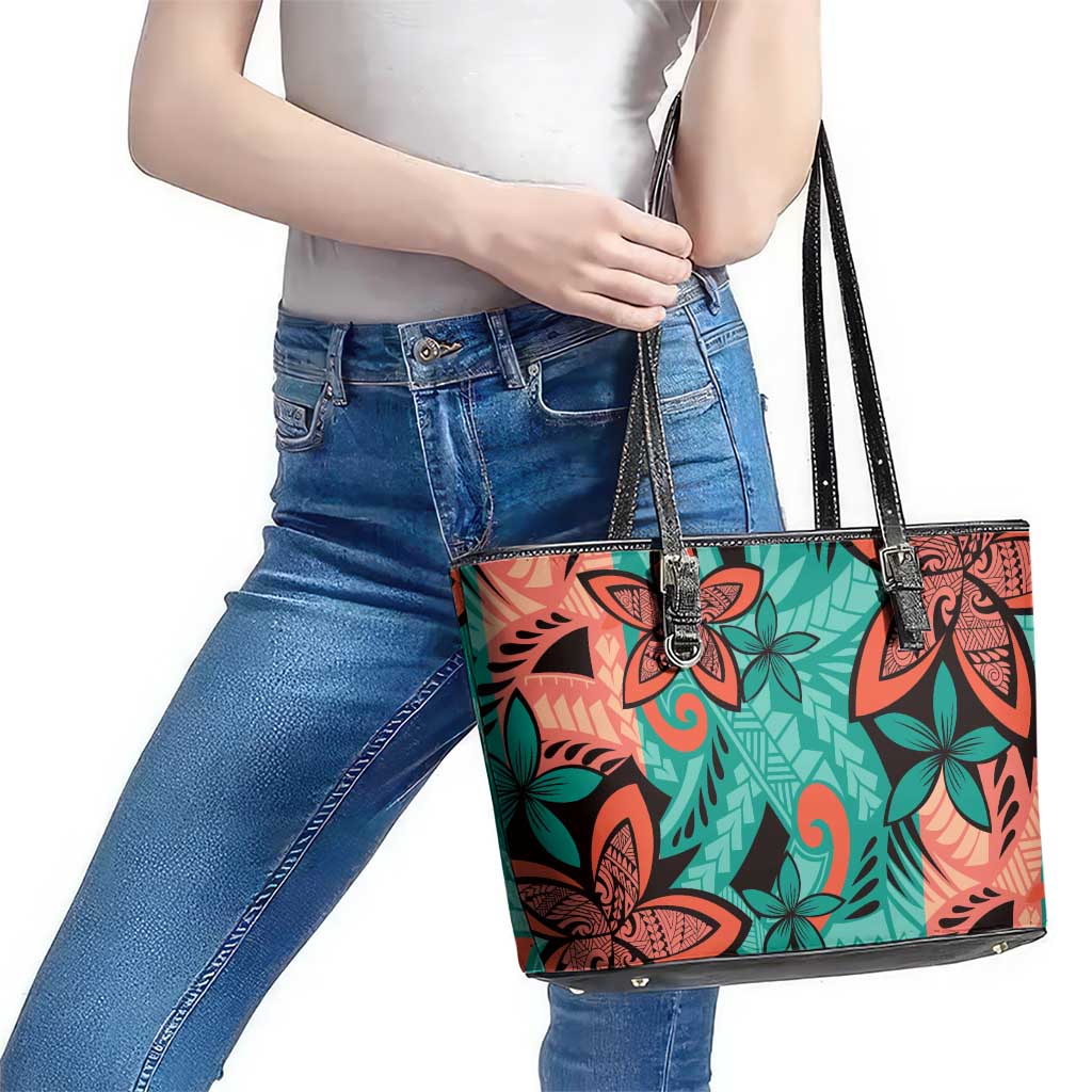 Plumeria Polynesian Pattern Leather Tote Bag Unique Fantasy Teal Orange