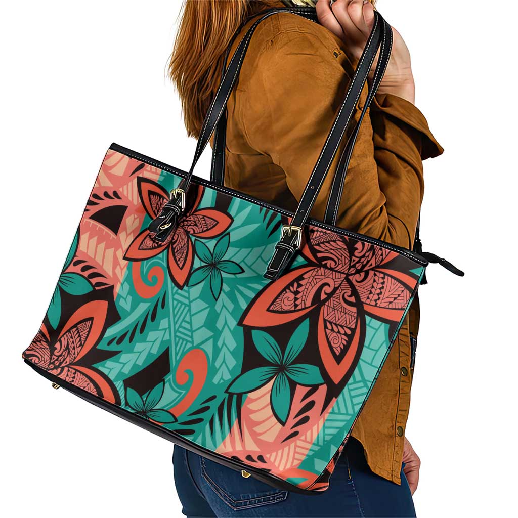 Plumeria Polynesian Pattern Leather Tote Bag Unique Fantasy Teal Orange