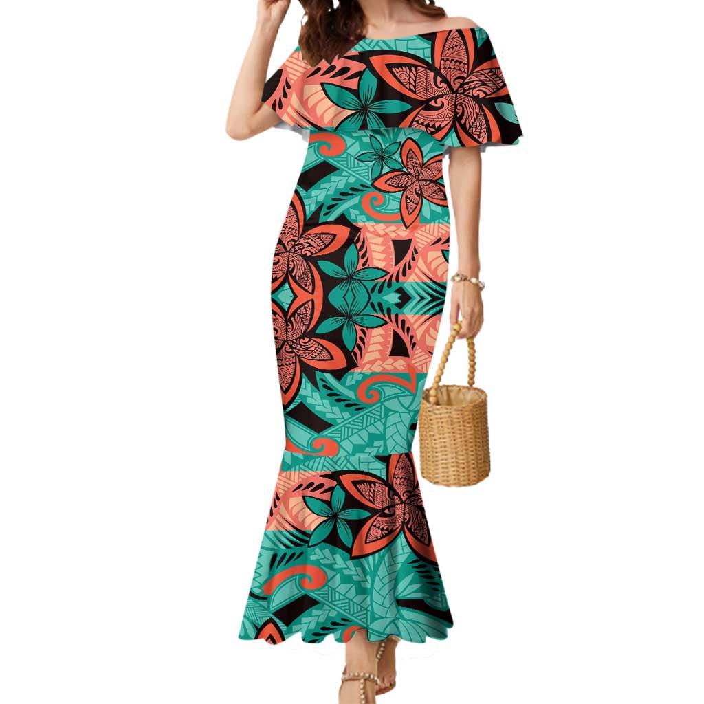 Plumeria Polynesian Pattern Mermaid Dress Unique Fantasy Teal Orange