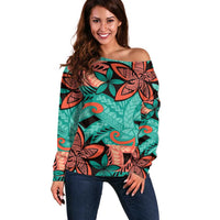 Plumeria Polynesian Pattern Off Shoulder Sweater Unique Fantasy Teal Orange