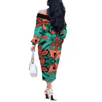 Plumeria Polynesian Pattern Off The Shoulder Long Sleeve Dress Unique Fantasy Teal Orange