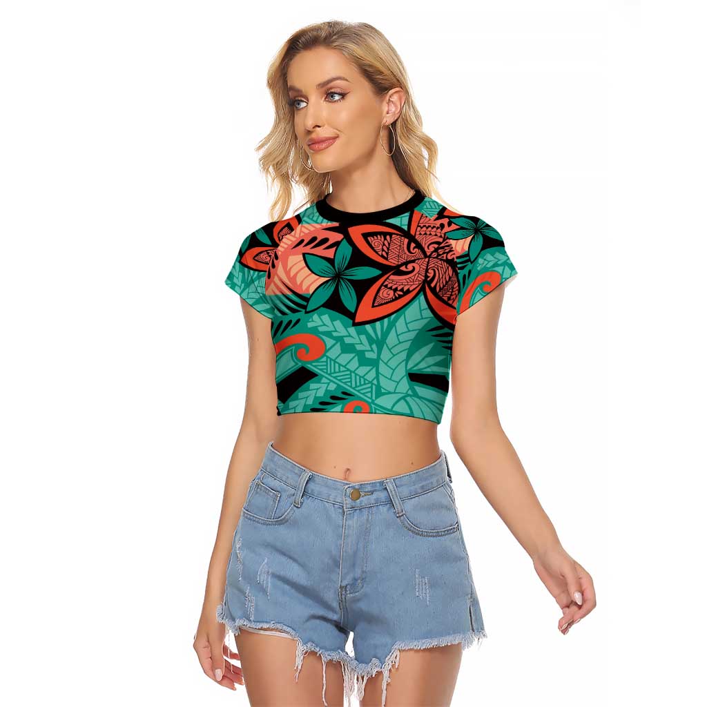 Plumeria Polynesian Pattern Raglan Cropped T Shirt Unique Fantasy Teal Orange LT01 Female Teal - Polynesian Pride