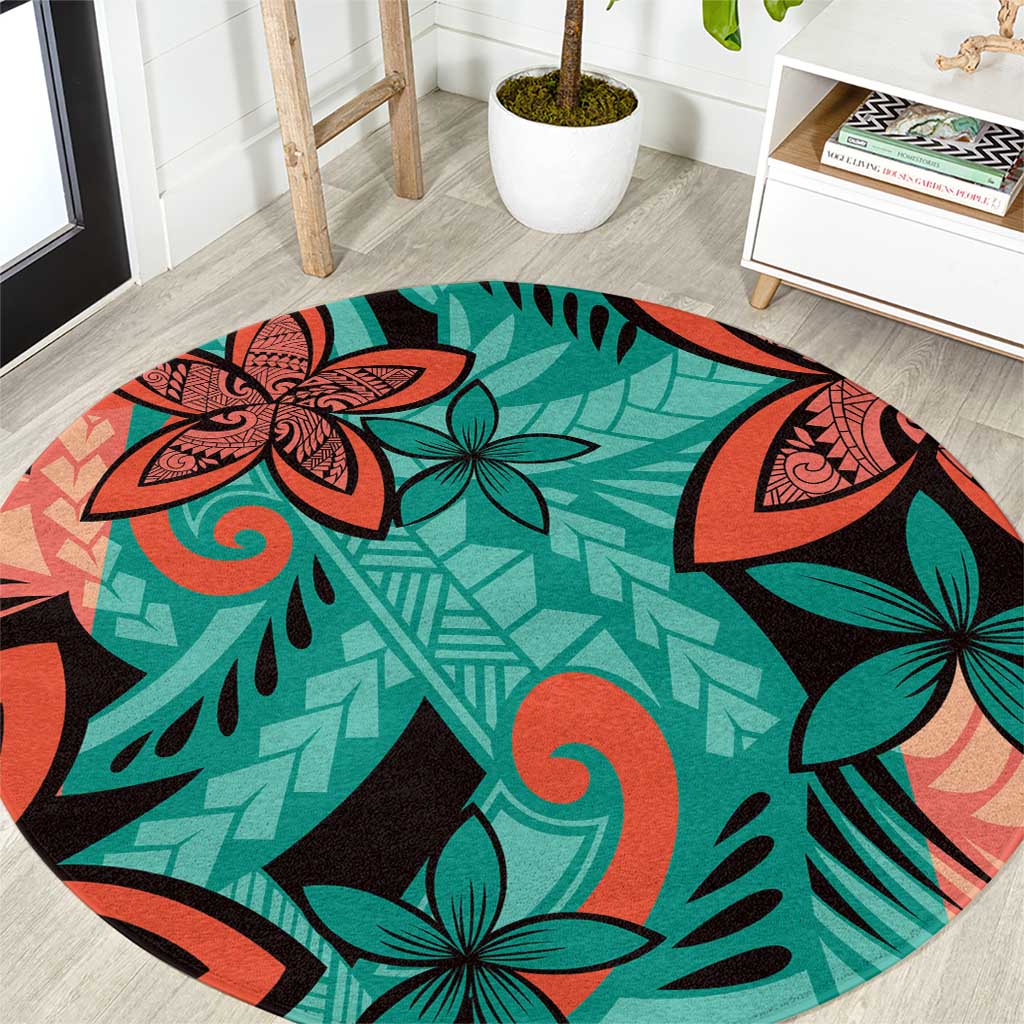 Plumeria Polynesian Pattern Round Carpet Unique Fantasy Teal Orange
