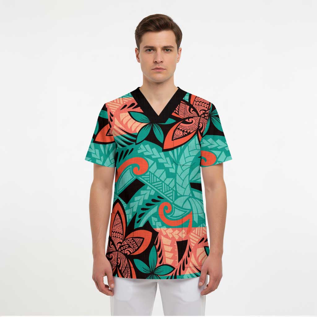 Plumeria Polynesian Pattern Scrub Top Unique Fantasy Teal Orange - Polynesian Pride