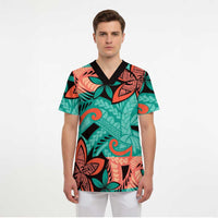 Plumeria Polynesian Pattern Scrub Top Unique Fantasy Teal Orange - Polynesian Pride