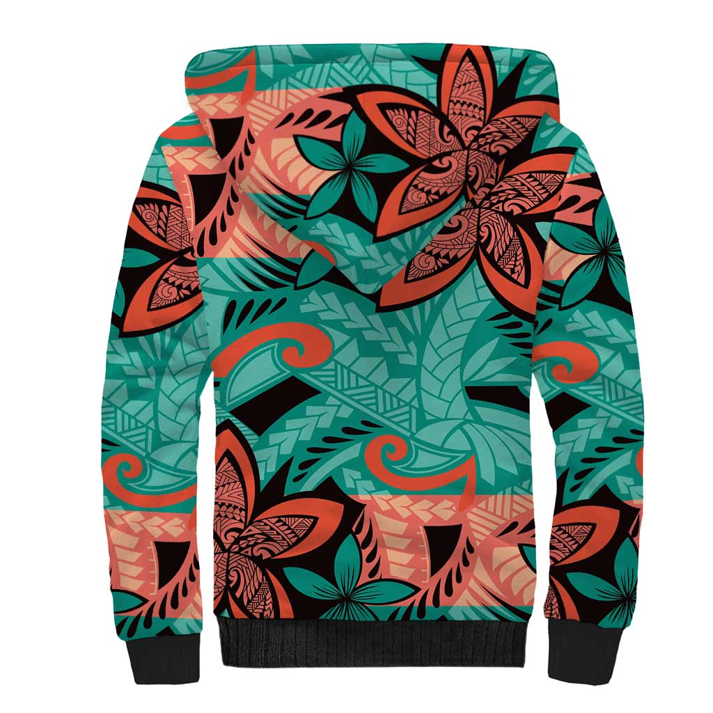 Plumeria Polynesian Pattern Sherpa Hoodie Unique Fantasy Teal Orange