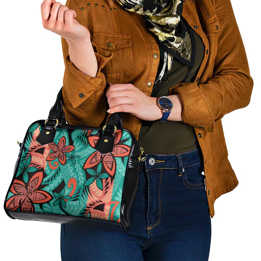 Plumeria Polynesian Pattern Shoulder Handbag Unique Fantasy Teal Orange